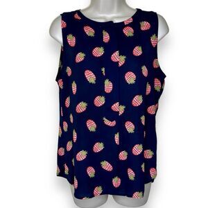 Loft Strawberry Sleeveless Navy Red Green Button Placket Popover Top Women Small